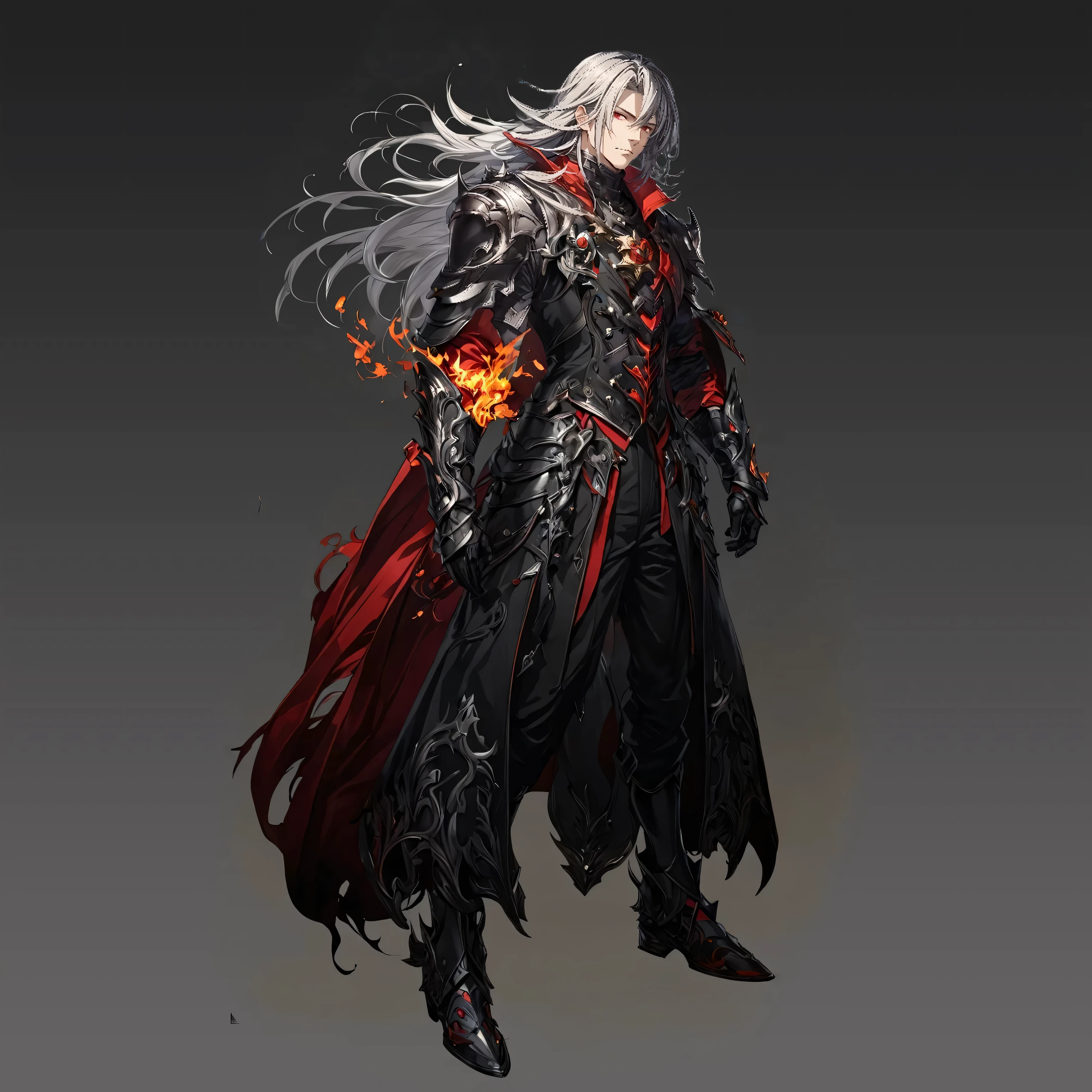 masterpiece, best quality, good quality, Highly detailed, shadowverse style, male, white hair, long hair, tidy hair, red hair, fantasy aesthethic, black armored, overcoat. fire element, red and black color scheme