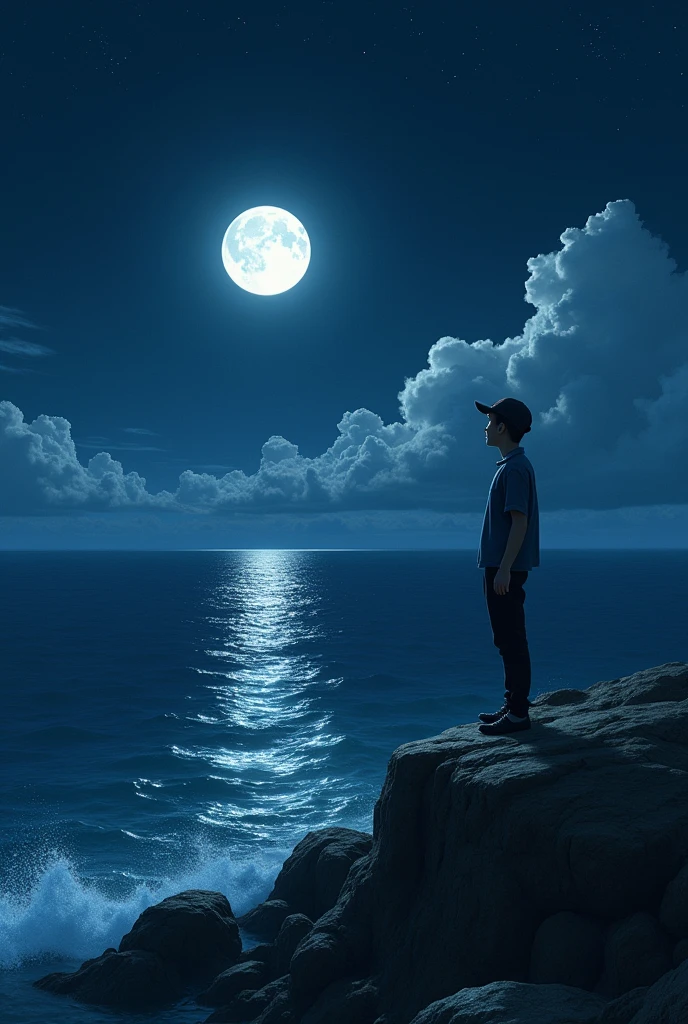 The horizon of the sea at night. The moon is bright. A young man wearing a newsboy cap is standing on a rocky area. The stars are beautiful. The clouds are shining.