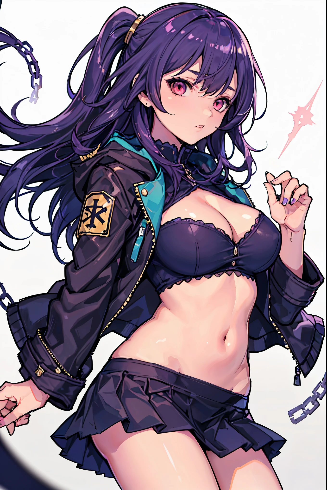 1girl, white background, red eyes, long hair, purple hair, bangs, jacket, crop top, mini skirt, large breasts, cleavage, soft stomach