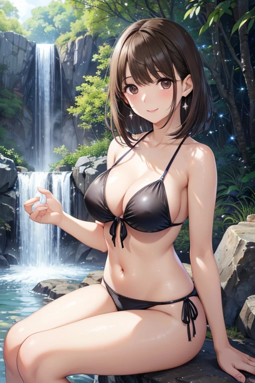 anegasaki nene、Shiny brown hair, short hair, (Beautiful brown eyes、Sparkling eyes, Fine grain)、smile、Ultra-detailed eyes、Highly detailed face, Highly detailed eyes,Cowboy Shot、



Highest quality、masterpiece、High sensitivity、High resolution、Detailed Description、Sitting on a rock、Big waterfall、bikini、Water Play、