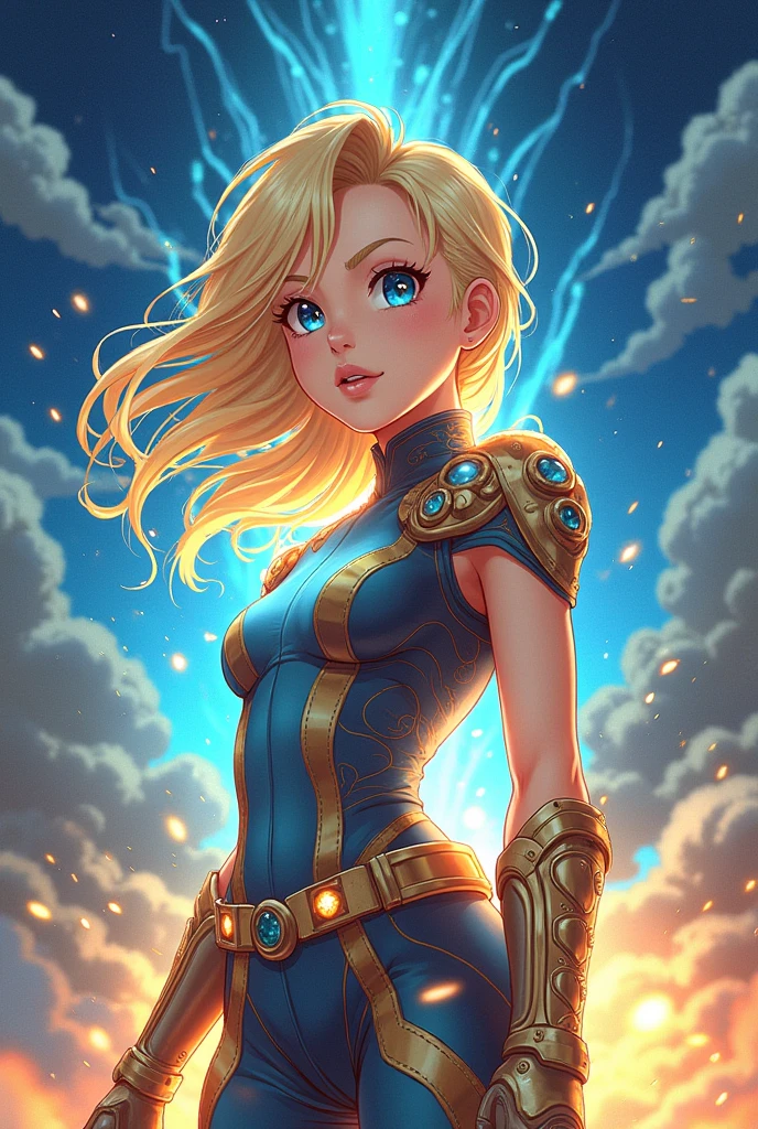 Anime drawing of a brave young blonde with a light-absorbing and light-reflecting costume 