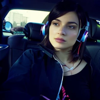 there is a woman sitting in a car with headphones on, with head phones, with headphones, sitting in her car, high quality upload, tifa lockaert, photo taken in 2 0 2 0, very very low quality picture, profile image, emylie boivin, comming, driving, profile picture 1024px, profile photo, headshot profile picture