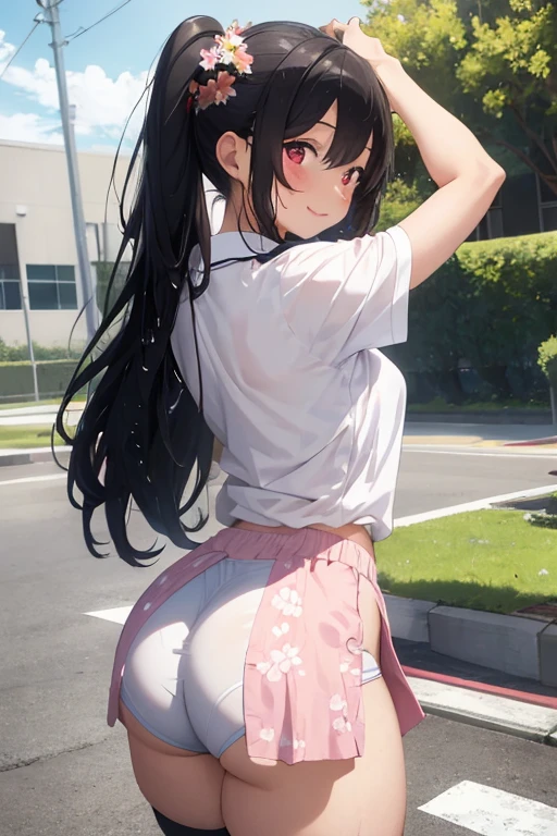 Very detailed, highest quality, High resolution, Moe Anime, ((A cute girl with black hair and droopy eyes looks back)), (), Blue Eyes, View your viewers, Pale skin, Focus on the face, In the park with cherry blossoms falling, (On all fours:1.4), (((From the back:1.2))), ((Sheer white lace sleeveless dress)), Braided hairstyle, Pink ribbon, ((Small Ass:1.4)), ((nsfw)), ((White lace string panties))