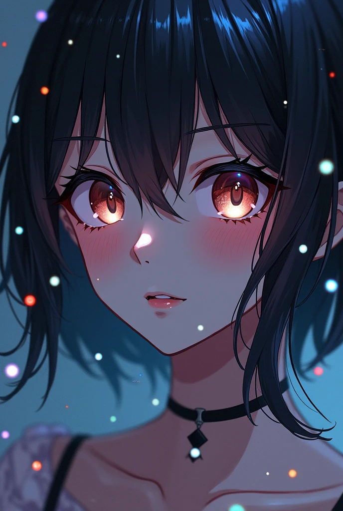 A beautiful, detailed portrait of Shinobu from the anime Demon Slayer, depicted in a dramatic angle with iridescent skin, floating colorful sparkles, dramatic lighting, and chiaroscuro effects creating evocative depth. (best quality,4k,8k,highres,masterpiece:1.2),ultra-detailed,(realistic,photorealistic,photo-realistic:1.37),1girl,iridescent skin,dramatic angle,(floating colorful sparkles:1.3),dramatic lighting,chiaroscuro,evocative depth,portrait,anime,detailed eyes,detailed lips,long eyelashes,elegant,graceful,serene expression