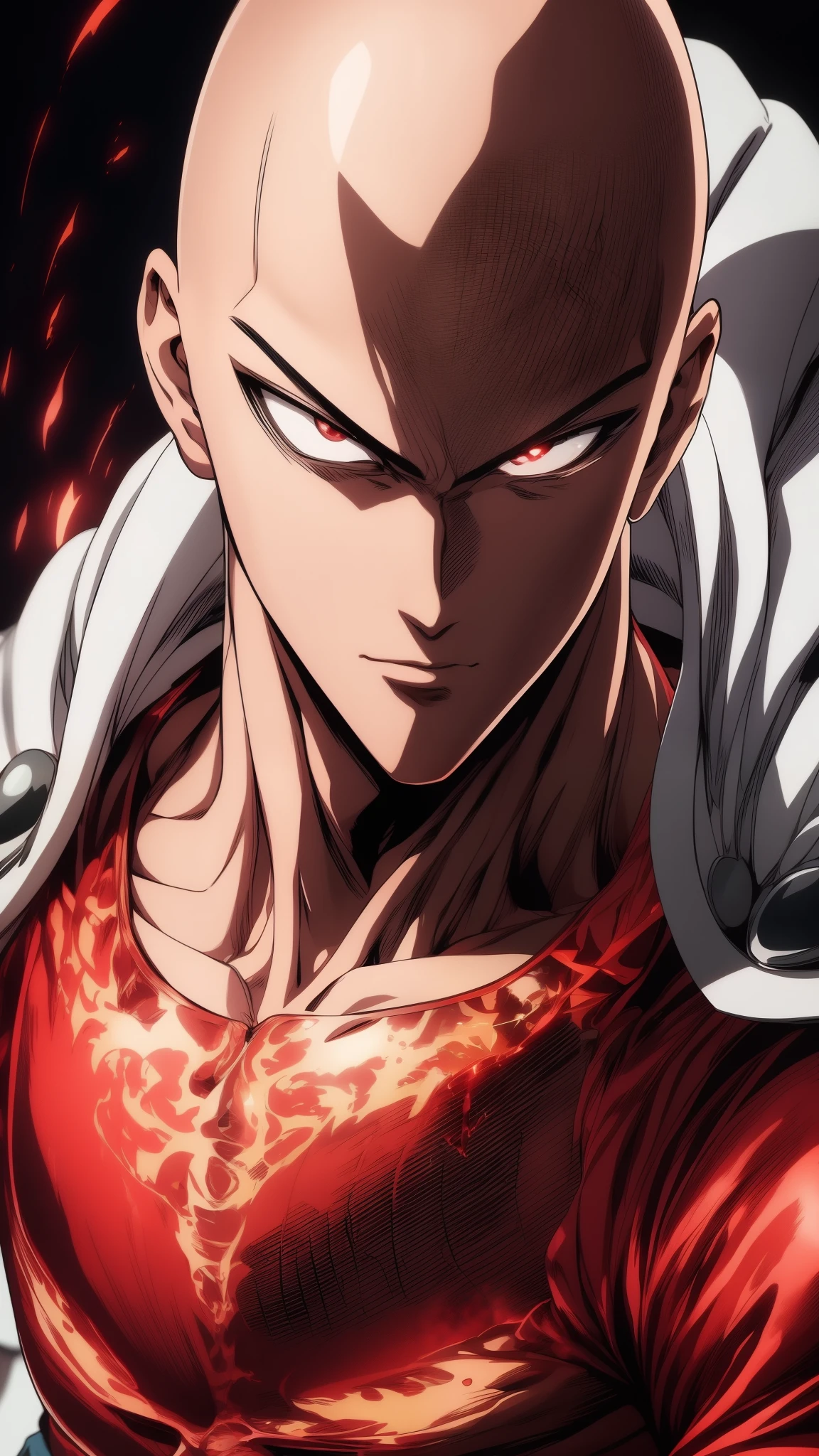 Saitama is very handsome with deep red eyes standing straight in front of a neutral black background, creating a perfect image for his handsome face. With a confident and determined attitude, he shines with a metallic sheen, making him truly amazing, in the artistic style of the anime One Punch Man.