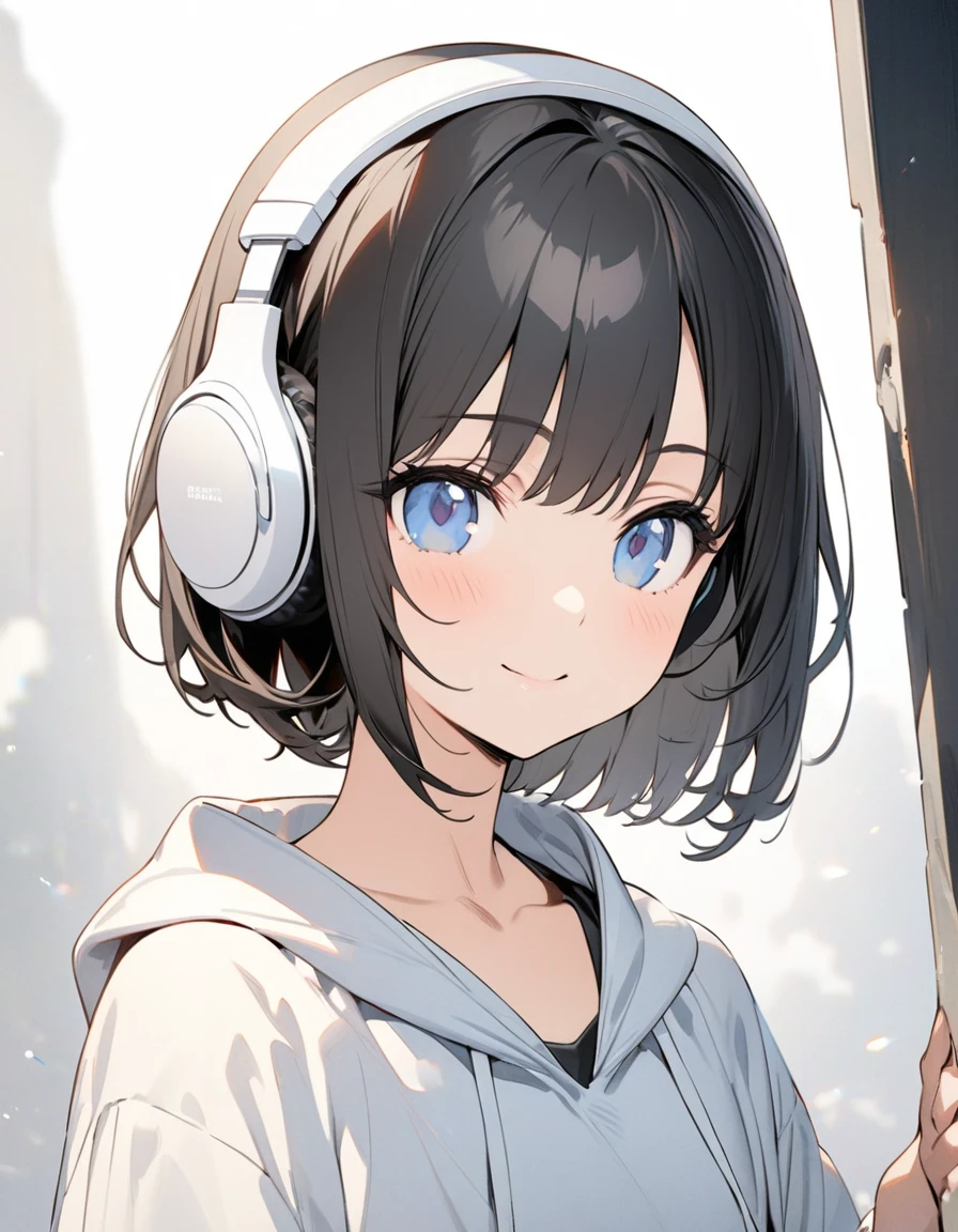 ((ultra-detailed))/one women, short black hair and bob hair.、beautiful blue eyes、smile、gentle smile on her face、flat chest, one Beautiful girl,((masterpiece, illustration, best quality) ((ultra-detailed))/solid white background,blank background, while wearing wireless white headphones, full upper body only