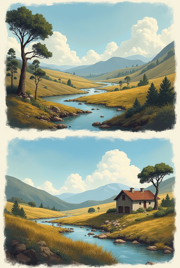 Landscape of a moor in two paintings where there are many water sources, Frailejones and a house, trees and wind