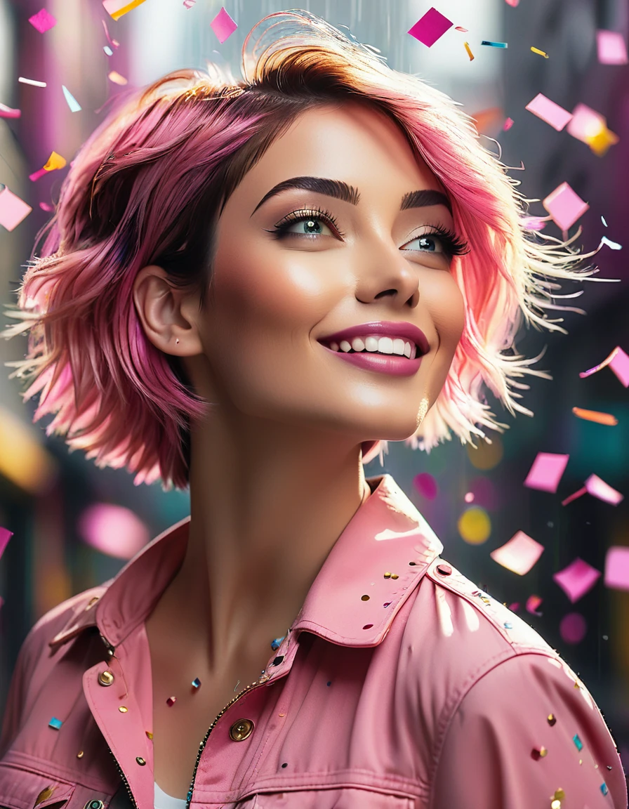 Side view portrait of a stunning woman with youthful andd happy mood, expressive amber eyes, and natural makeup, dynamic pose, looking to up with her charming face, attractive semi-opened mouth, perfect teeth in shy smile, vibrant pink straight short hair, slitghly fat, standing against a blurred gray background, surrounded by colorful confetti rain and standing in a modern urban environment. The image is highly detailed and professionally color graded, with soft diffused light and muted colors, perfect anatomy, high-maximalism, photo-realism-sharo focus, hyper-detailed, HDR, 8k.