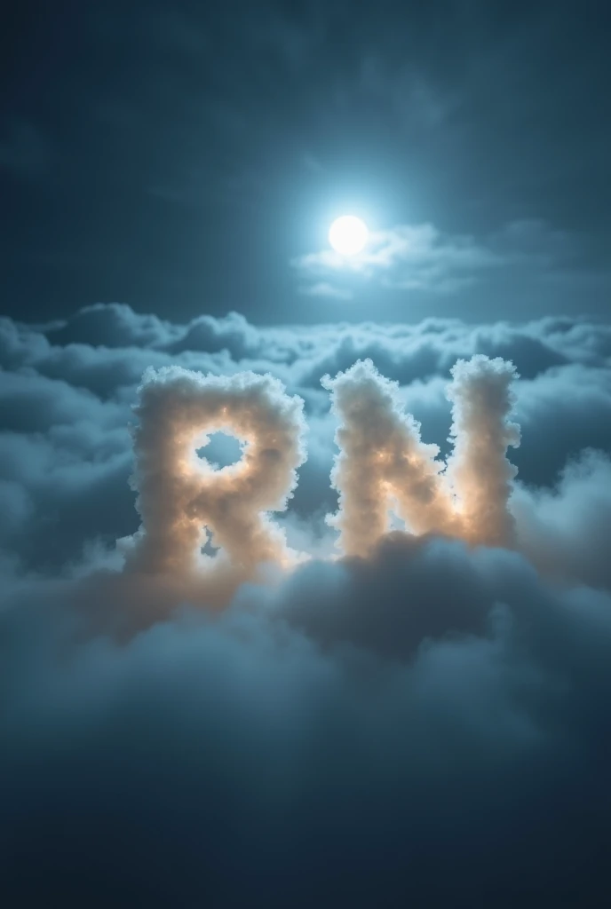 In the center of the image (1200 x 628 pixels), Large initials 'RN' are formed from white fluffy clouds, dimly lit by moonlight. The lyrics have a soft, ethereal quality., merging with the surrounding environment. The scene is shrouded in a thick night fog that creates a mysterious and dreamlike atmosphere.. The fog gently envelops the cloud letters, intensifying the surreal feeling of the image. The color palette is nocturnal, with shades of white, gray, dark blue and black, which adds a sense of tranquility and nighttime atmosphere.