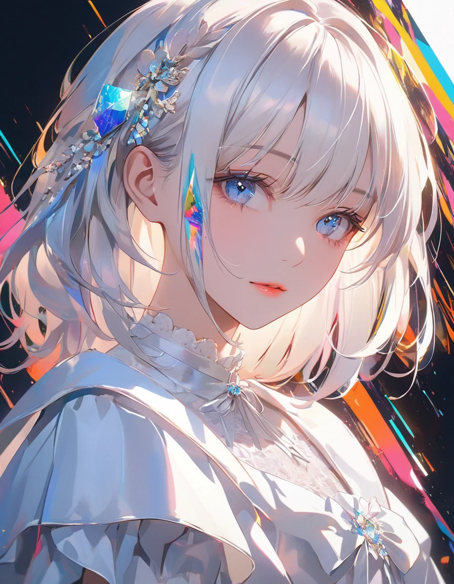 (glitch art;1.5),(noise and grain),(top-quality),(masterpiece),Delicately drawn face,girl with a pretty face,beautiful detailed blue eyes,white Lolita Fashion,((white costume)),(Beautiful silky white hair:1.2),film lighting,abstract,a beautiful artistic illustration,geometric background,glitch lettering