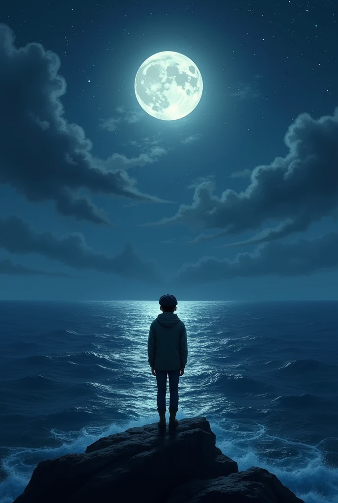 The horizon of the sea at night The moon is bright A young man wearing a newsboy cap is standing on a rock The stars are beautiful The clouds are shining It's winter
