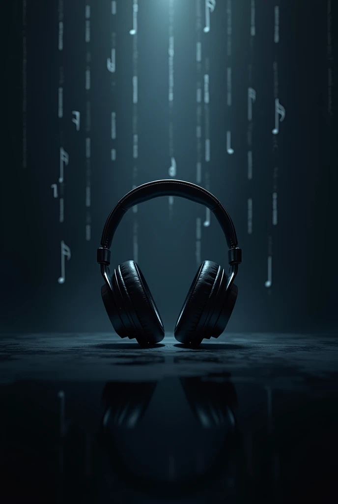 Generate an image of music but only show headphones and music and so put the dark background and in the background put lines of music that are simple like 7 vertical lines as if playing music