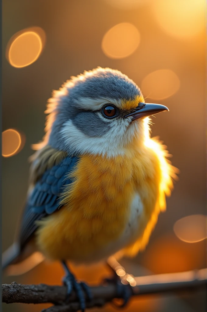 A mesmerizing close-up portrait of a gorgeous little bird illuminated by the soft, golden light of a tranquil morning, with vibrant bokeh balls gently framing its delicate form.