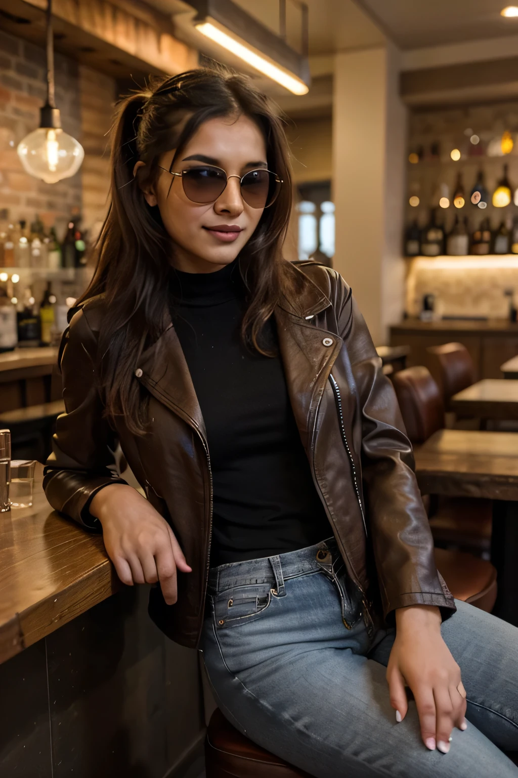 A 21 year old beautiful Indian girl with long hair smiling face beautiful eyes wearing a brown leather jacket and jeans pant sitting in a bar gangster look badass style pose ponytail hairstyle wearing sunglasses in eyes 