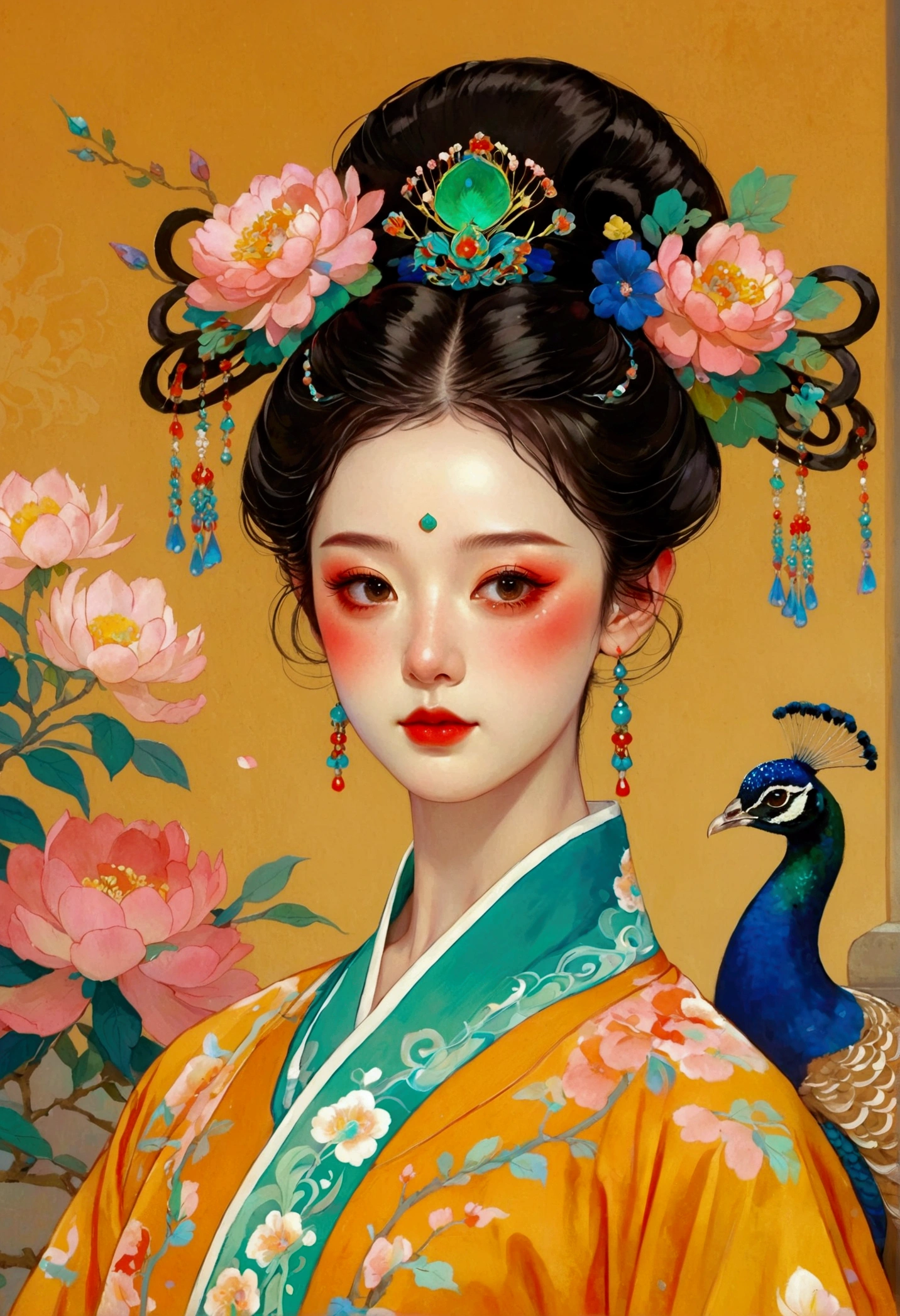 The painting shows a woman with a peacock and flowers in her hair, A beautiful artistic illustration, palace , Girl wearing Hanfu, Beautiful digital illustrations, Korean Art Nouveau Anime, Beautiful character painting, Beautiful digital illustrations, Popular trends on artstration, Ancient Chinese Art Style, guweiz style artwork, Beautiful art UHD 4K, Lovely and detailed digital art