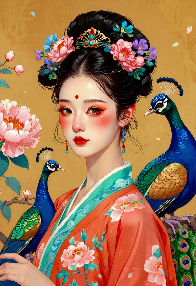 The painting shows a woman with a peacock and flowers in her hair, A beautiful artistic illustration, palace , Girl wearing Hanfu, Beautiful digital illustrations, Korean Art Nouveau Anime, Beautiful character painting, Beautiful digital illustrations, Popular trends on artstration, Ancient Chinese Art Style, guweiz style artwork, Beautiful art UHD 4K, Lovely and detailed digital art