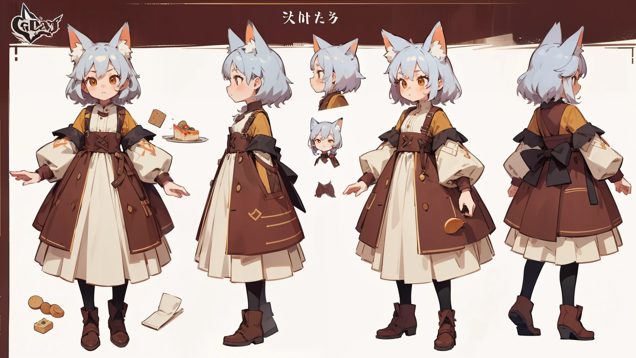 Character Sheet, A graceful wild fox girl with mostly silver hair, Food themed clothing, variation, Highest quality, pixel