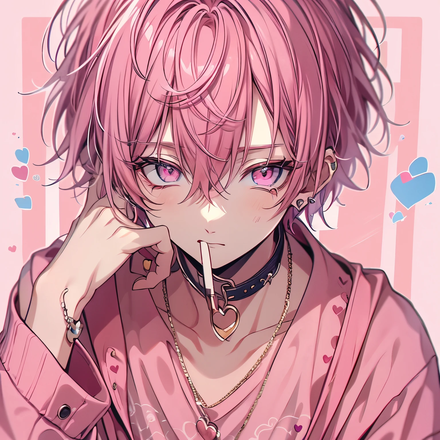 (masterpiece), Highest quality, Ultra-high resolution,male、1 person、Pink Hair、Short Hair、Pink eyes、Pink clothes、heart、heart、(手でheartを作る:1.3)