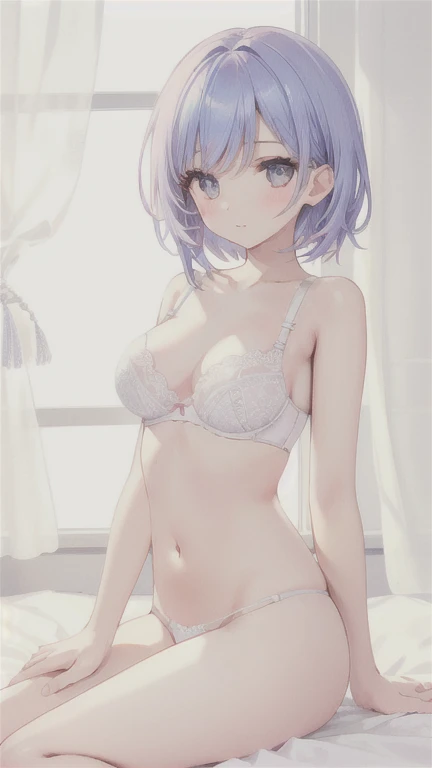 SNFW,1 girl,Anatomically correct limbs,Wearing only a bra and panties,Sitting on the bed with his back to me,Remove your bra