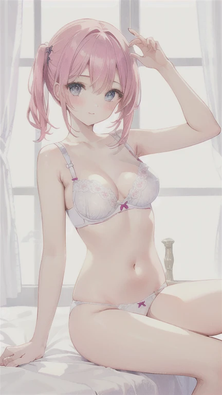 SNFW,1 girl,Anatomically correct limbs,Wearing only a bra and panties,Sitting on the bed with his back to me,Remove your bra