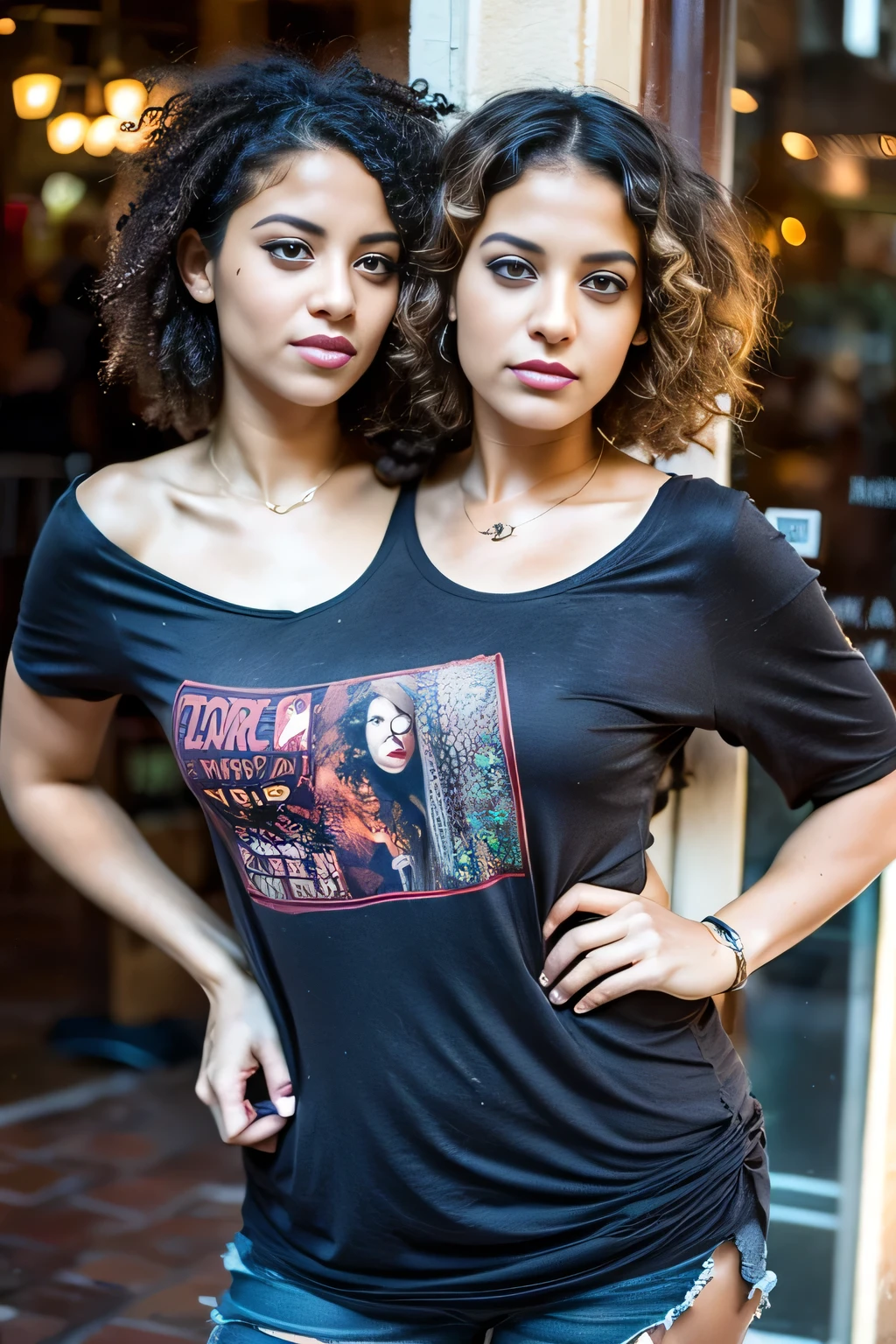 2heads, female couple, age 28, two heads on one body, conjoined, one torso, hipsters, Latina, curly hair, grunge fashion, at the bookstore