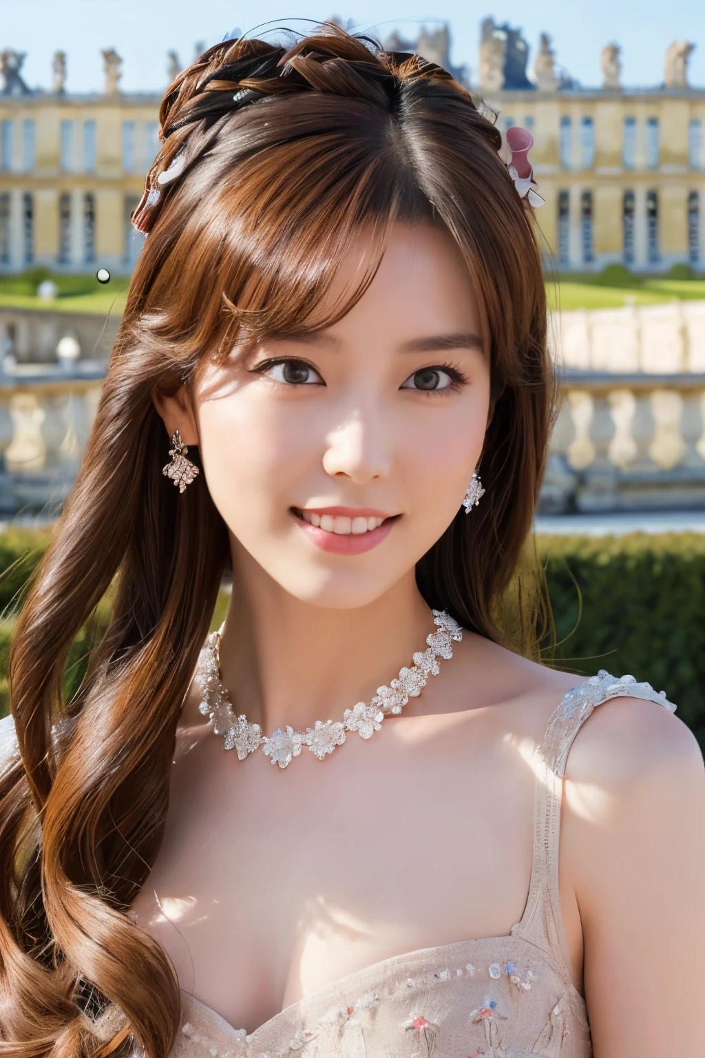 One Girl, (Becoming Marie Antoinette:1.3), (Gorgeous princess dress), (Beautiful Japanese idol portrait photos),
(RAW Photos, Highest quality), (Realistic, Realistic:1.4), masterpiece, 8K Portrait,
Very delicate and beautiful, Very detailed, 2k wallpaper, wonderful, In detail, Very detailed CG unity 8k wallpaper, Very detailedな, High resolution, Soft Light,
Beautiful detailed girl, Very detailed eyes and face, Beautiful and sophisticated nose, Beautiful details,
(Commemorative photo with the Palace of Versailles in the background:1.3), Cinema Lighting,
Perfect Anatomy, Slender body, Small breasts, Medium Hair, Dynamic Angle, A light smile,
