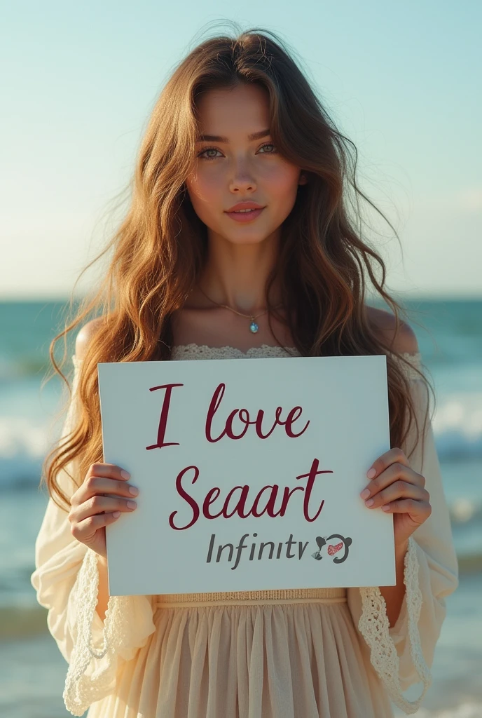Beautiful girl with wavy long hair, bohemian dress, holding a white board with text "I Love Seaart Infinity" and showing it to the viewer