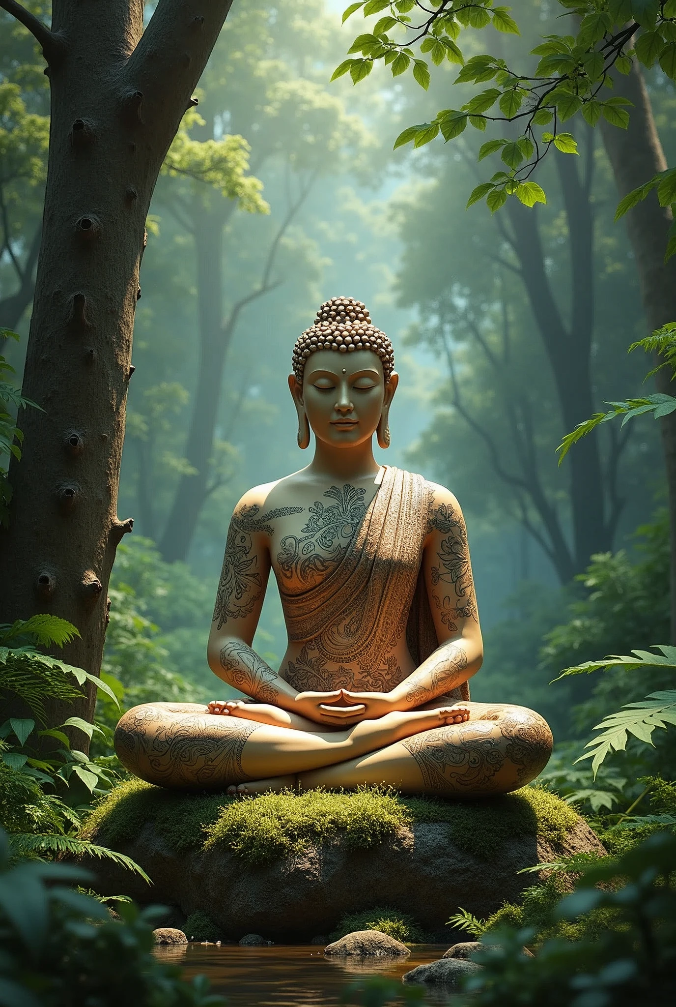 Buddha sitting in forest feels like freedom tattoos