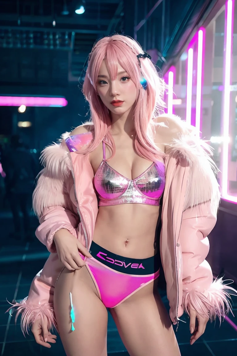 Photo of unaware female wearing sexy rave outfit, feathered jacket, pink hair, wide eye, lights, indoor, high saturation, soft focus, hyper details, cinematic lighting, concept art