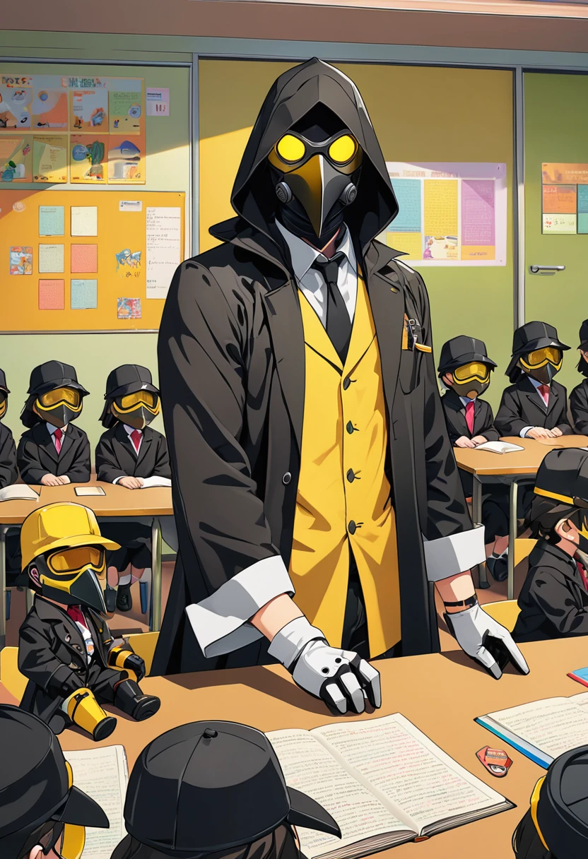 (masterpiece, best quality:1.1), (ultra highres, ultra-detailed:1.2),pop-art,flatcolor,one chibi-boy,standing at the podium teaching a class,(male Mad-scientist,short hight),(wearing plague-doctor costume,white beak-mask),eyes glow yellow,black hood,black lab-coat, mecha arm, BREAK boy pose,in japanese classroom,absurdity, extraordinary,dynamic angle,
