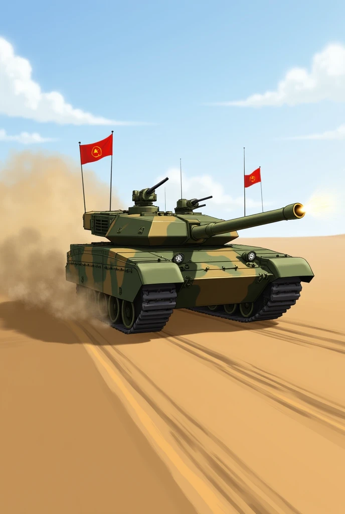 The image shows a military tank in action. The tank is green and brown in color and is moving through a desert-like terrain. It has a large gun mounted on the top and two red flags on either side. The gun is pointing towards the right side of the tank and appears to be in the process of firing. There is a cloud of dust behind the tank, indicating that it is moving at a high speed. The background is blurred, but it seems like the tank is moving quickly through the desert.
