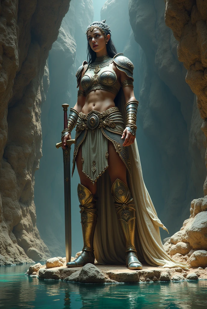 Statue of a female warrior with a sword in a cave with water