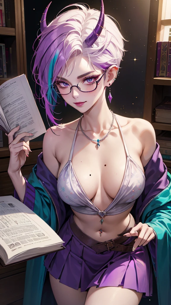 8k, masterpiece, best quality, highly detailed, 1 girl, tiefling, warlock, pixie cut, multicolored hair, very short straight hair red highlight hair on white hair, strippled hair, wearing glasses, round glasses, earrings, navel piercing, red eyeshadow, long eyelashes, blushed cheek, red lips, pearl necklace, rings, collarbone, mole on face, glamorous, teal and purple clothes, miniskirt, smirk, close up view, rings, looking at viewer, demon horns, solo, blue pale moon, standing, royal dress, devil books.