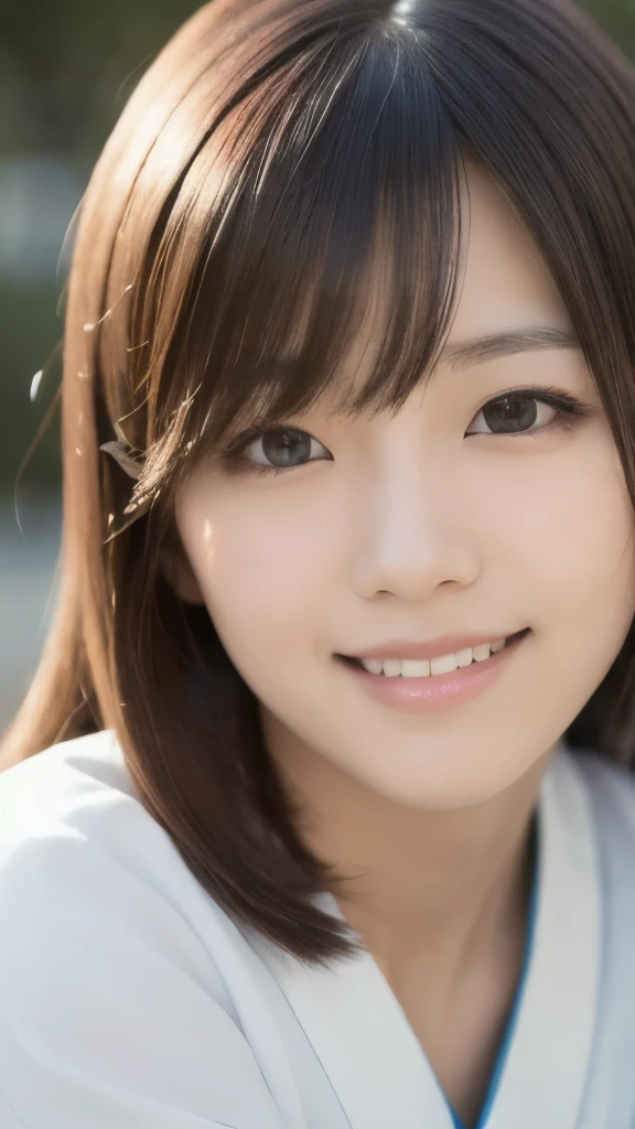 best quality, face focus, soft light, ultra high res, (photorealistic:1.4), RAW photo,(Shinozaki Ai), white skin, kawaii, 1 Japanese girl, solo, cute, (smile), (pupil, lights in the eyes), detailed beautiful face, Medium-sized breasts,(high resolution detail of human skin texture),(long hair),(portrait), upper body, white traditional kimono, no makeup