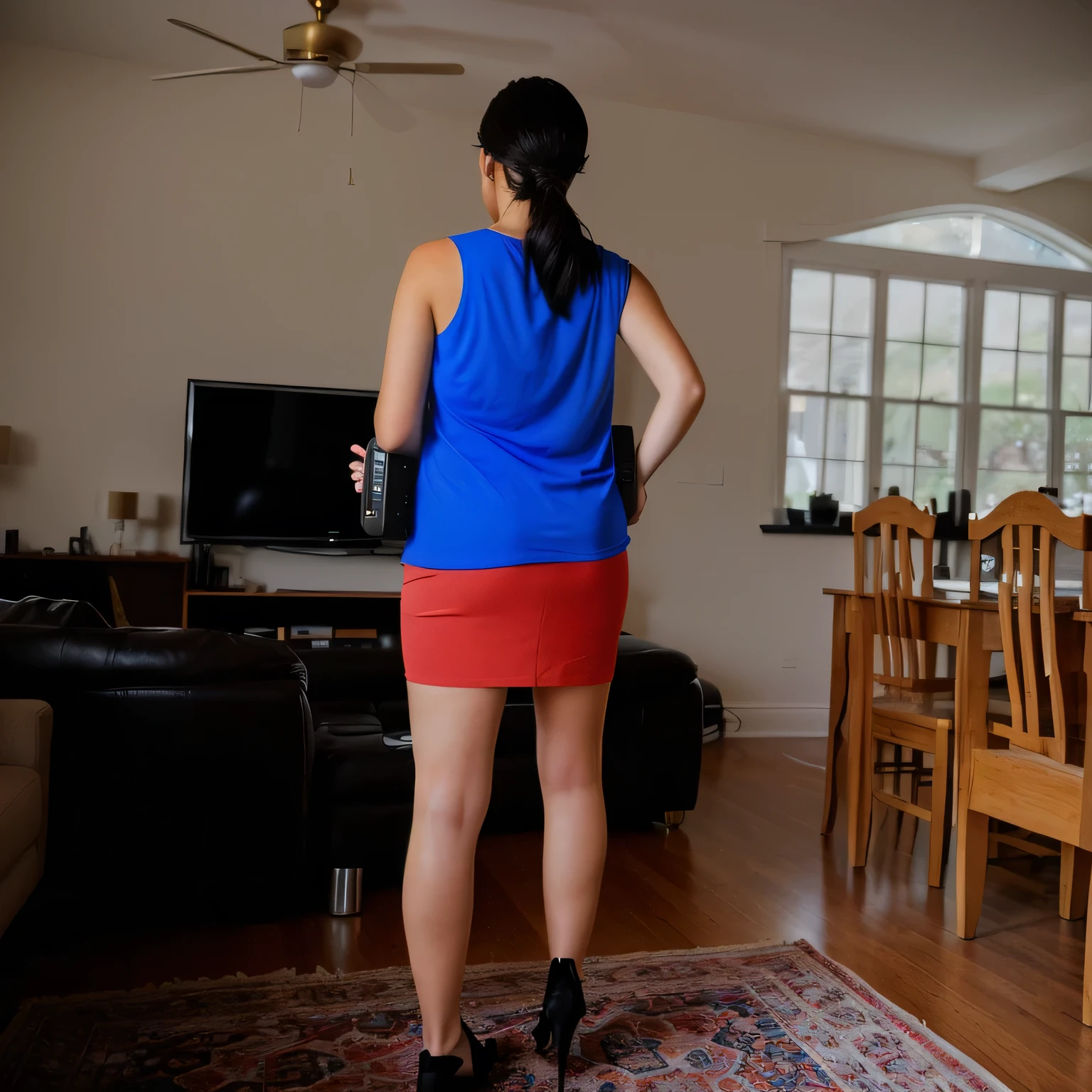 there is a woman standing in a living room with a remote control, rear-shot, long shot from the back, back - shot, long shot from back, medium shot taken from behind, shot from the back, view from the back, from the back, back shot, rear shot, back view!!, side view of her taking steps, seen from the back