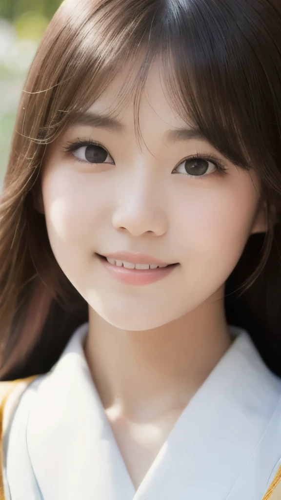 best quality, face focus, soft light, ultra high res, (photorealistic:1.4), RAW photo,(Shinozaki Ai), white skin, kawaii, 1 Japanese girl, solo, cute, (smile), (pupil, lights in the eyes),  detailed beautiful face, Medium-sized breasts,(high resolution detail of human skin texture),(long hair),(portrait), upper body, white traditional kimono, no makeup