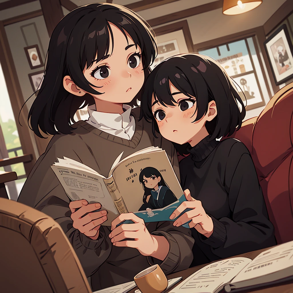 A black-haired woman with her gaze on a mug while reading a book in a café