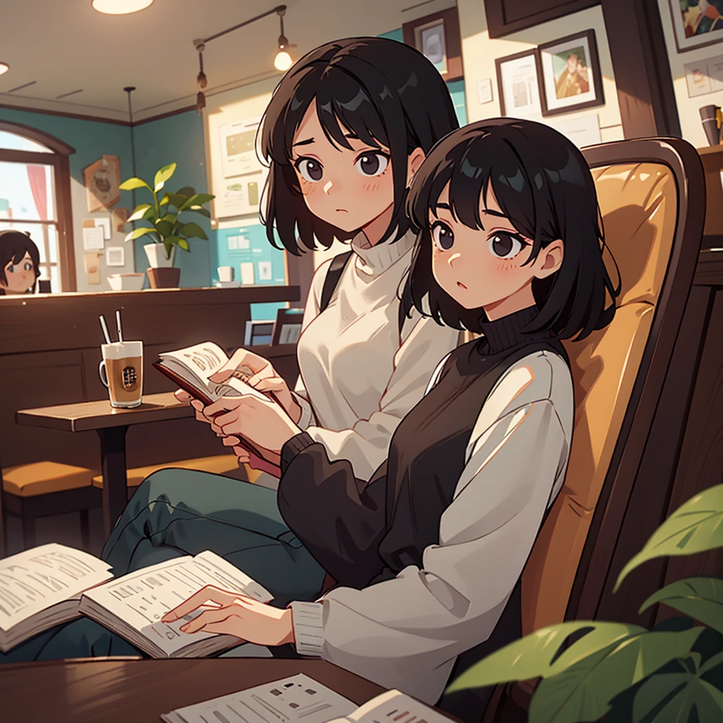 A black-haired woman with her gaze on a mug while reading a book in a café