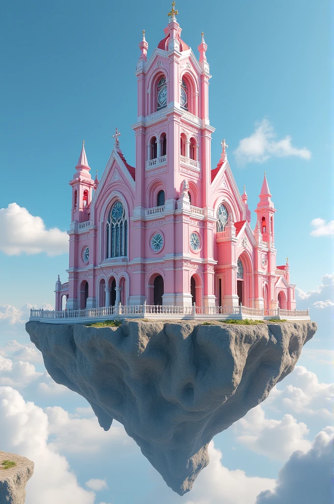 A large, ornate Catholic cathedral with a prominent clock tower and intricate architectural details. The building has a pink and white color scheme with arched windows and decorative elements. The cathedral appears to be located a floating rock