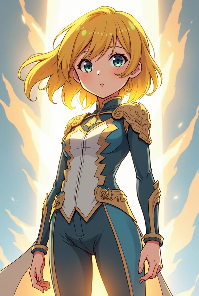 Anime drawing of a brave young blonde with a normal outfit that absorbs light and reflects light