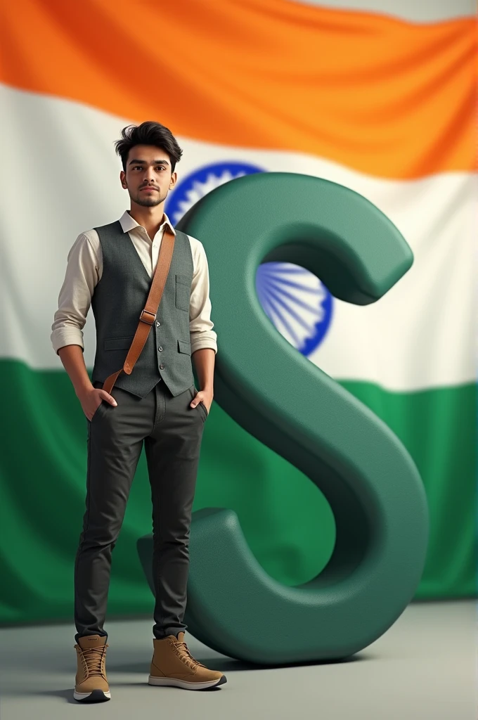 A 20 year old boy standing next to a big letter S with Indian flag in the background on the occasion of 15th August