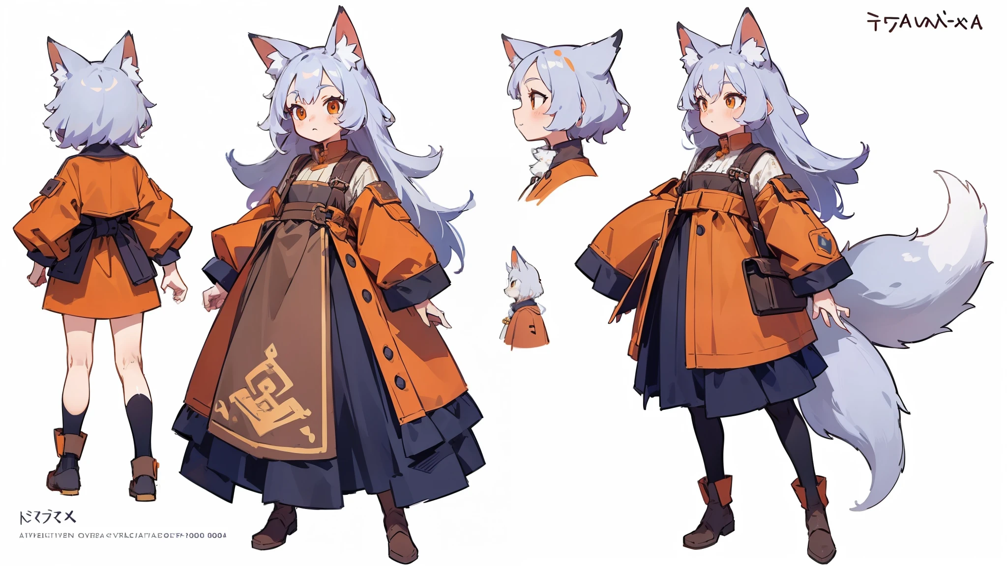 Character Sheet, A graceful wild fox girl with mostly silver hair, Food themed clothing, variation, Highest quality, pixel