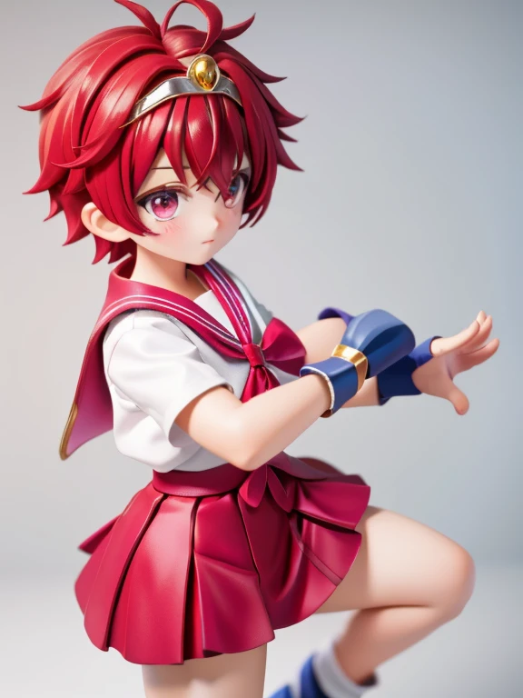 Magical giel、Primary school students、Young girl、、height: 130cm、Short Hair、Shortcuts、boyish、Circlet、tiara、Character portrait、Standing with your legs apart、Karate stance、Martial Arts、spats、ホットpants、pants、Magical Girl Costume、Red clothes、Red Hair、Red eyes、Fighting gloves on hands