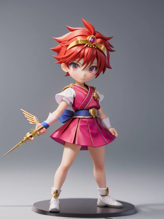Magical giel、Primary school students、Young girl、、height: 130cm、Short Hair、Shortcuts、boyish、Circlet、tiara、Character portrait、Standing with your legs apart、Karate stance、Martial Arts、spats、ホットpants、pants、Magical Girl Costume、Red clothes、Red Hair、Red eyes、Fighting gloves on hands