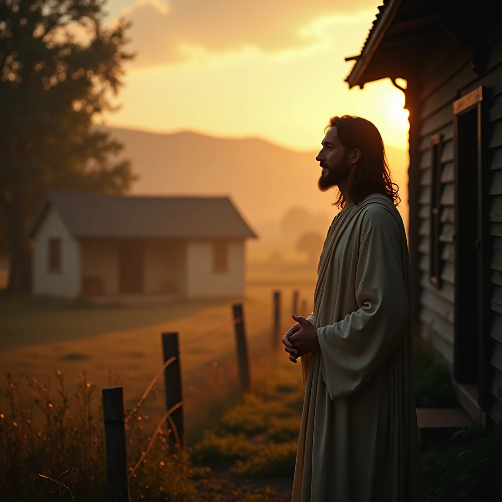 beautiful sun, Jesus Christ outside a peaceful rural farmhouse, slight smile, shadow play, light, fog, moody, mysterious, shiny hair, earthy, vivid, cinematic, film light, hyper detailed, hyper realistic, masterpiece, atmospheric, high resolution, vibrant, high contrast, dark angle