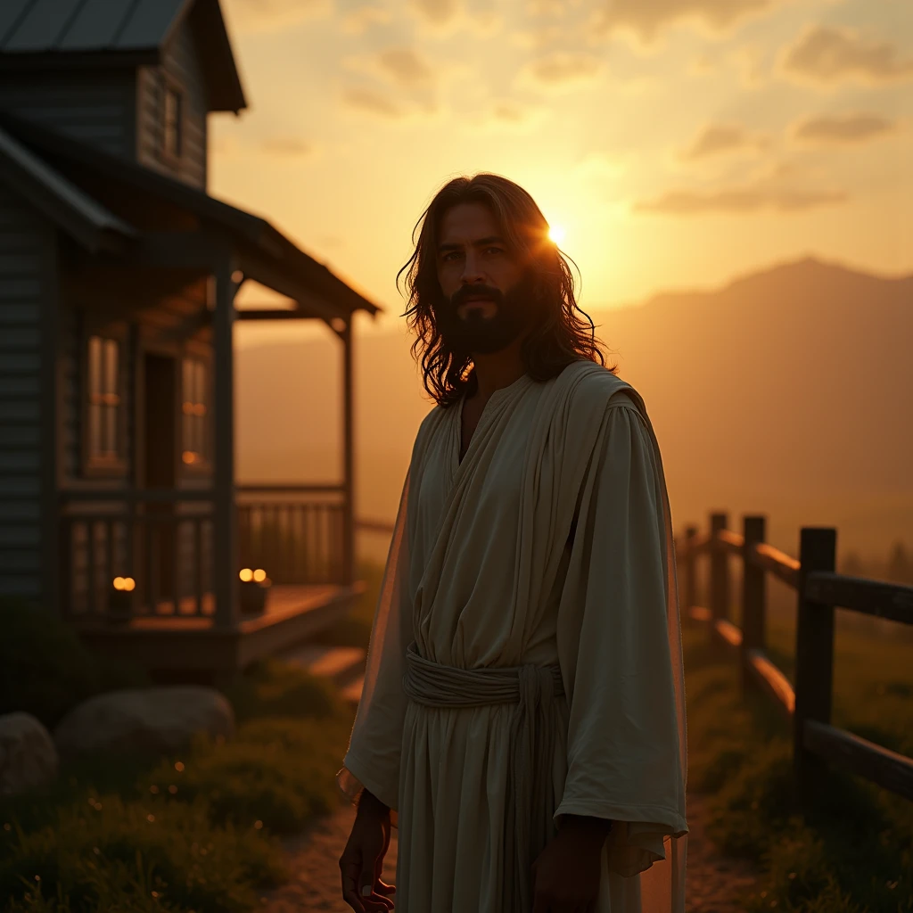 beautiful sun, Jesus Christ outside a peaceful rural farmhouse, slight smile, shadow play, light, fog, moody, mysterious, shiny hair, earthy, vivid, cinematic, film light, hyper detailed, hyper realistic, masterpiece, atmospheric, high resolution, vibrant, high contrast, dark angle