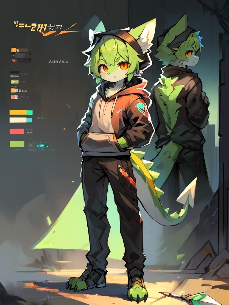 work of art, 16K, male, furry, (green_hair, small_front_white_horns, raised ears, orange eyes, green fur:1.2), character sheet, kemono dragon, solo boy, cyberpunk hoodie, black pants, dragon tail, spear tail