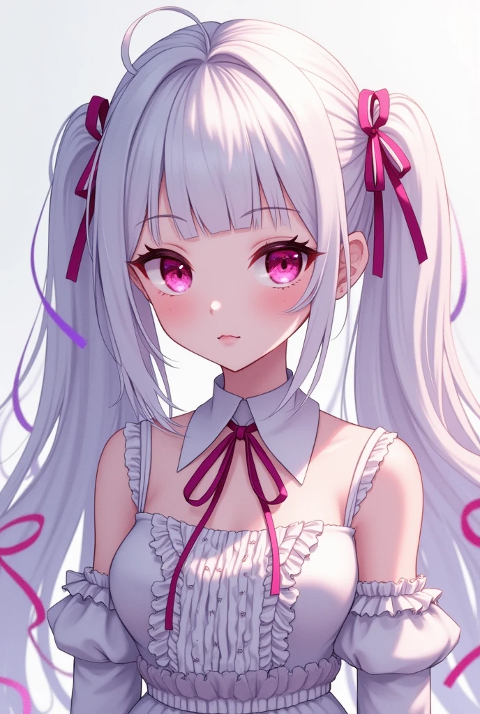 A girl with half-twin hair and purple and pink mesh coloring on her white hair。No hair ornaments。Curled hair tips。With crimson eyes、She is wearing a white outfit with lots of ribbons and frills.。