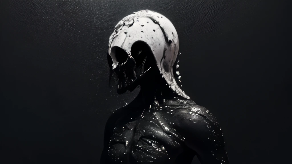 bs, solo, simple background, monochrome, upper body, greyscale, bodysuit, black background, 1other, monster, arms at sides, horror (theme), alien