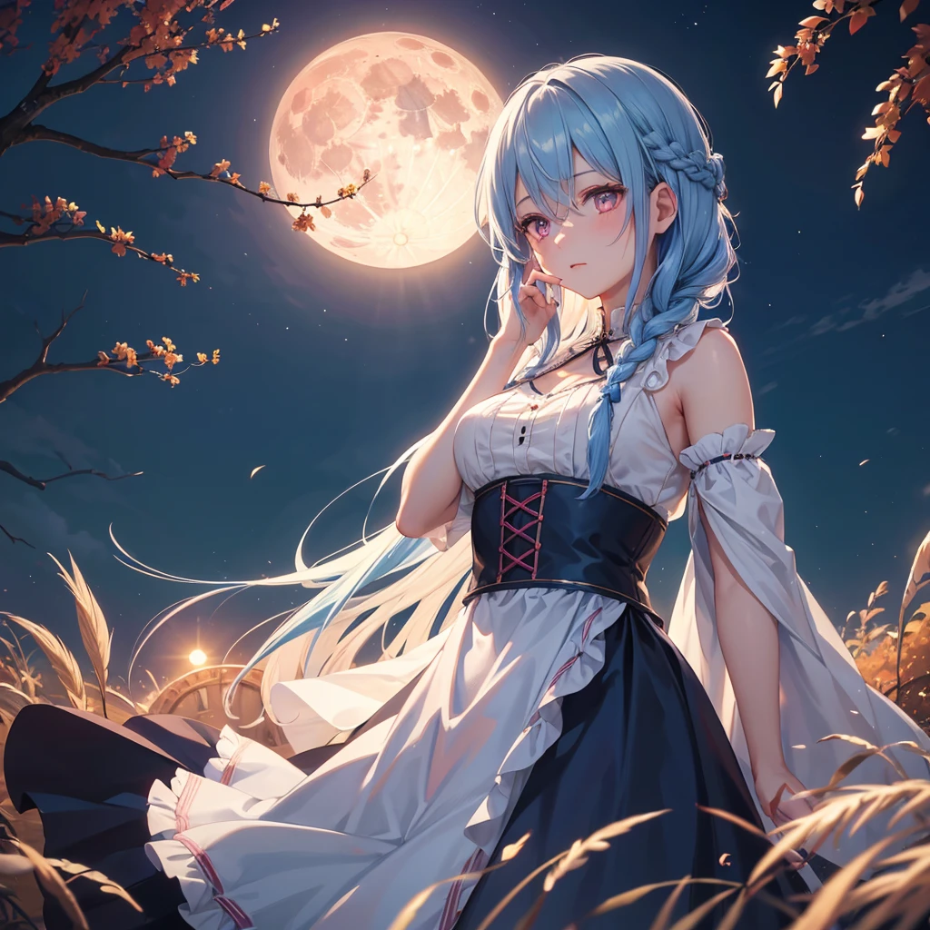 (Braiding),(Sky blue hair), (Pink eyes),(Fair skin) ,(whole body),(One Girl),(harvest moon),(A large amount of Miscanthus sinensis in the background),autumn,(full moon),(masterpiece, Highest quality, Very detailed, Best Shadow), (Detailed Background), (Beautifully detailed face), High Contrast, (Best lighting, Very delicate and beautiful), ((Cinematic Light)), Hyper Detail,8k, Dramatic Light, Intricate details